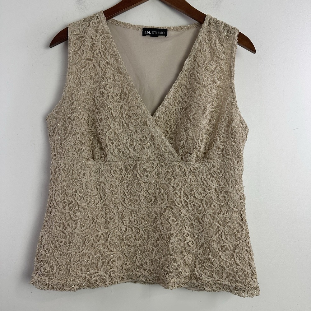 Vintage Y2K Babydoll Tank Size L Gold Lace Metallic Boho Coquette Fairy 90s